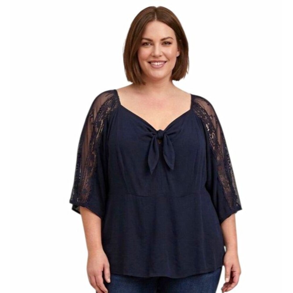 Torrid Womens Blouse 5X Black Sweetheart neckline Lace Tie Embroidered 3/4 Slv